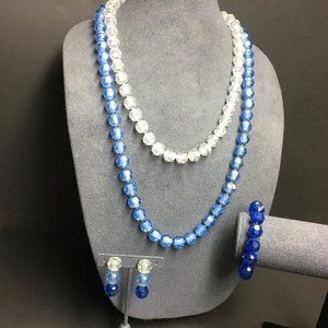 VTG Pop Bead Necklace Bracelet Clip On Earrings Blue Transluscent Adjustable